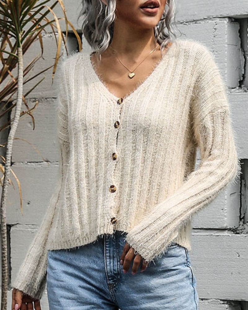 V-neck Single-breasted Knit Sweaters Cardigans