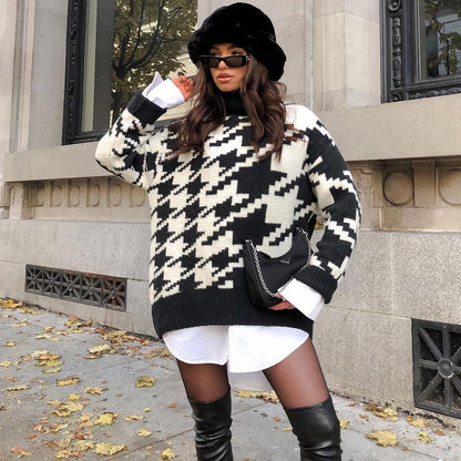 Geometric Shape Houndstooth Knit Vintage Sweater