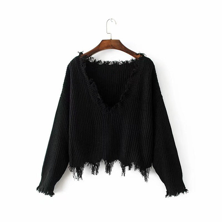 Sexy Deep V Neck Exposed Navel Irregular Edge Sweater