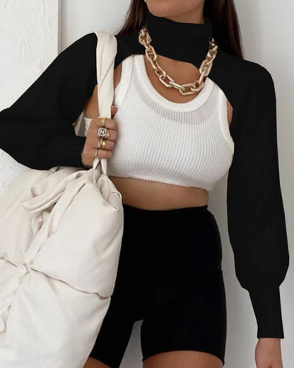 Casual Turtleneck Lantern Sleeve Cutout Cropped Knit Sweater
