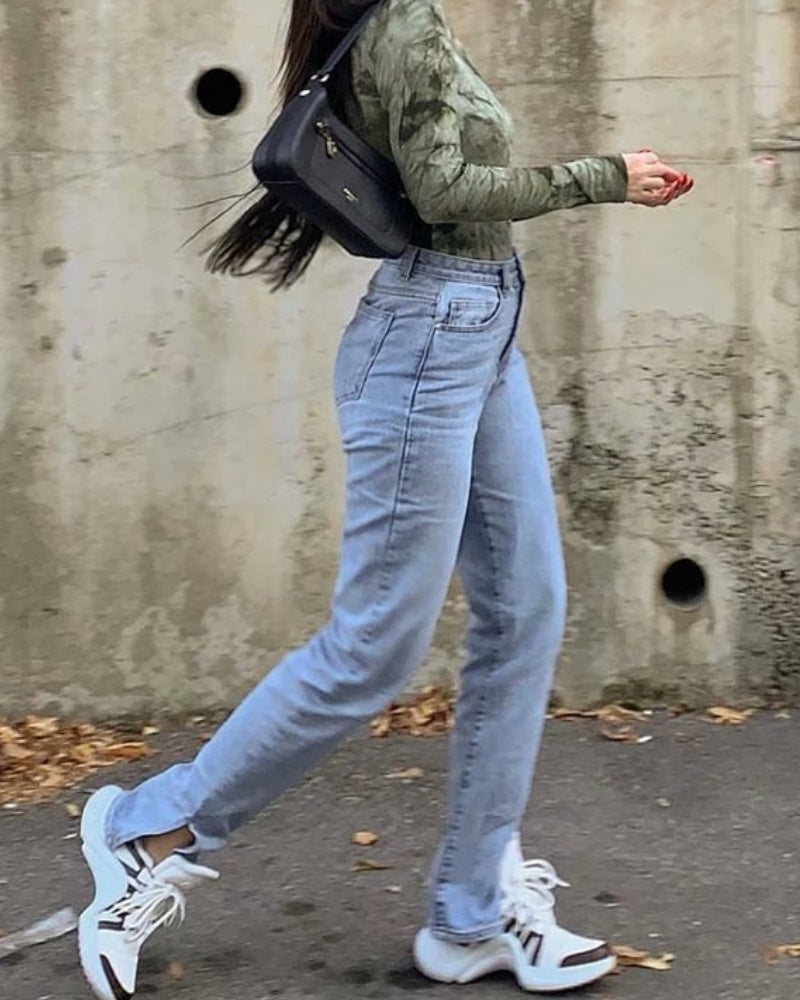 Leg Split High Waist Wide Leg Straight Jeans Denim Pants