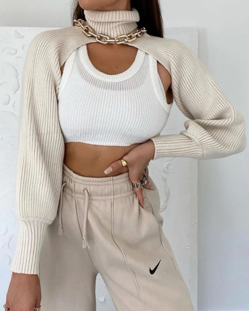 Casual Turtleneck Lantern Sleeve Cutout Cropped Knit Sweater