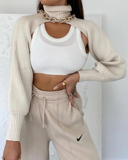 Casual Turtleneck Lantern Sleeve Cutout Cropped Knit Sweater