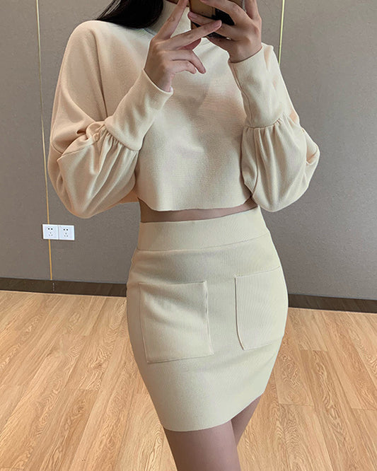 Lantern Sleeve Crop Tops Sweater Pocket Skirt Two-piece Set