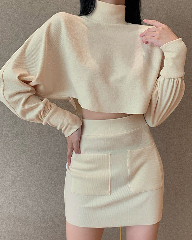 Lantern Sleeve Crop Tops Sweater Pocket Skirt Two-piece Set