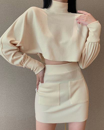 Lantern Sleeve Crop Tops Sweater Pocket Skirt Two-piece Set