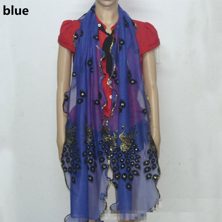 Fashion Lace Scarf Net Yarn Printing Peacock Stitching Flocking Phoenix Scarf for Women Ladies Girls