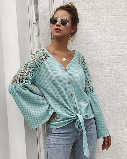 Multicolor Long Sleeve Lace Shoulder Knitting Sweater