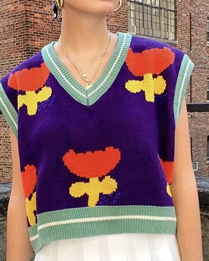 Floral Purple Knit Crop Vest Sweater