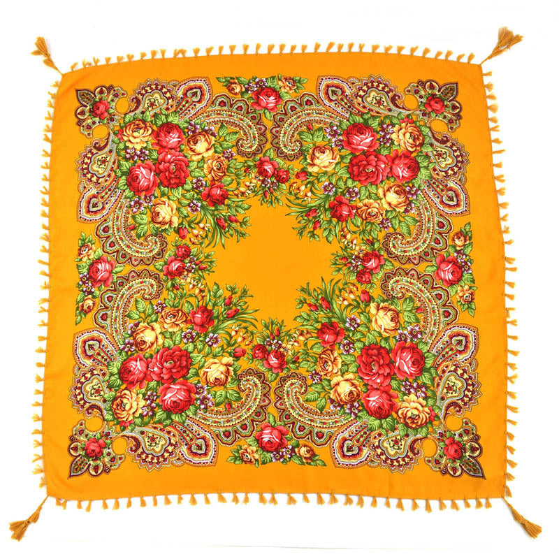 Ethnic Flower Print Square Scarf Shawl Fringed Scarves for Women Ladies Girls