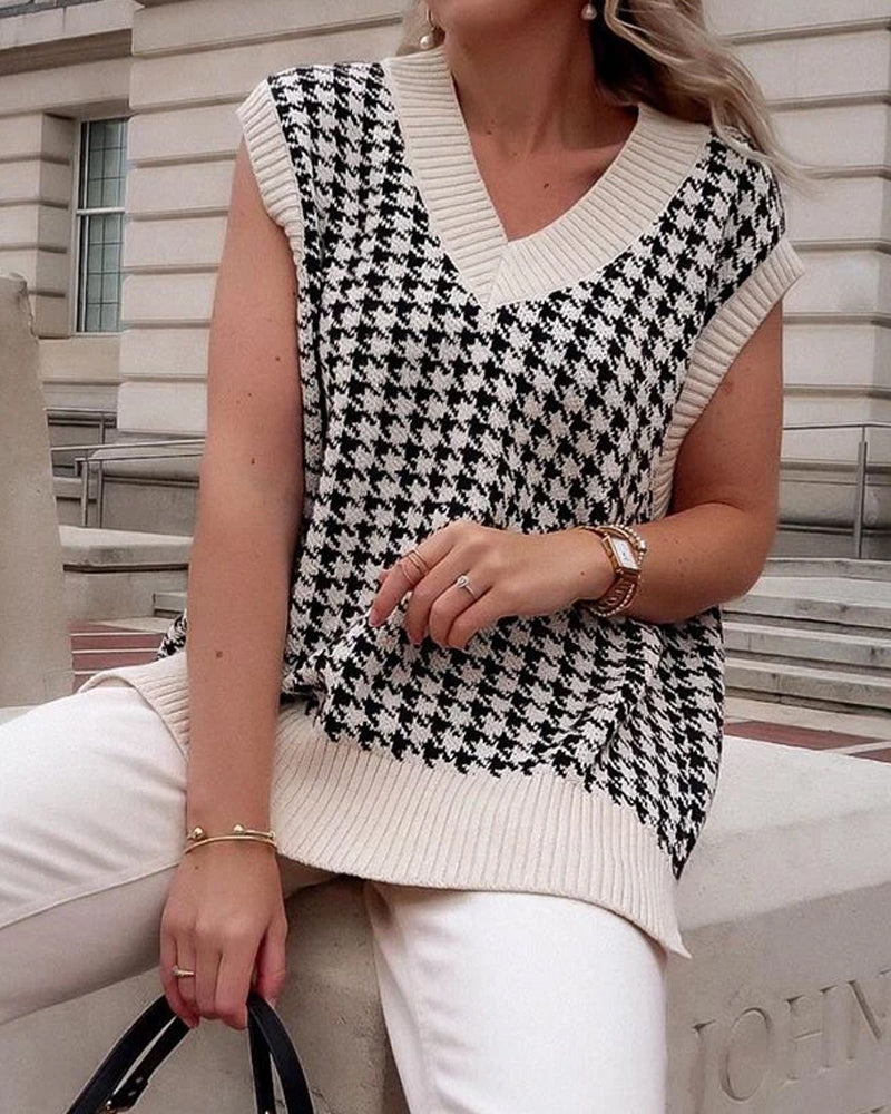 Houndstooth V-neck Knitted Vest Sweaters