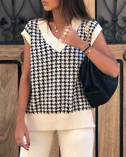 Houndstooth V-neck Knitted Vest Sweaters