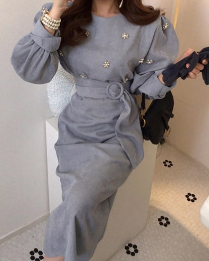 Puff Sleeve Lacing Corduroy Floral Midi Dresses