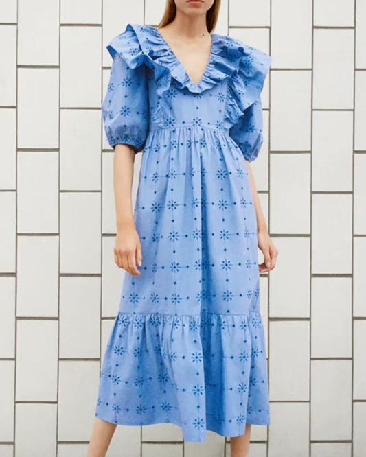Embroidery Pleated Ruffled Lantern Sleeve Midi Dresses