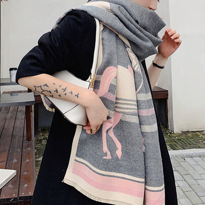 Retro Tassel Horse Pattern Warm Scarf Cashmere Thick Shawl Wrap for Women Ladies Girls