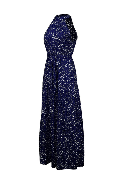 Navy Blue Wave Bohemian Boho Printed Hanging Neck Straps Maxi Dresses