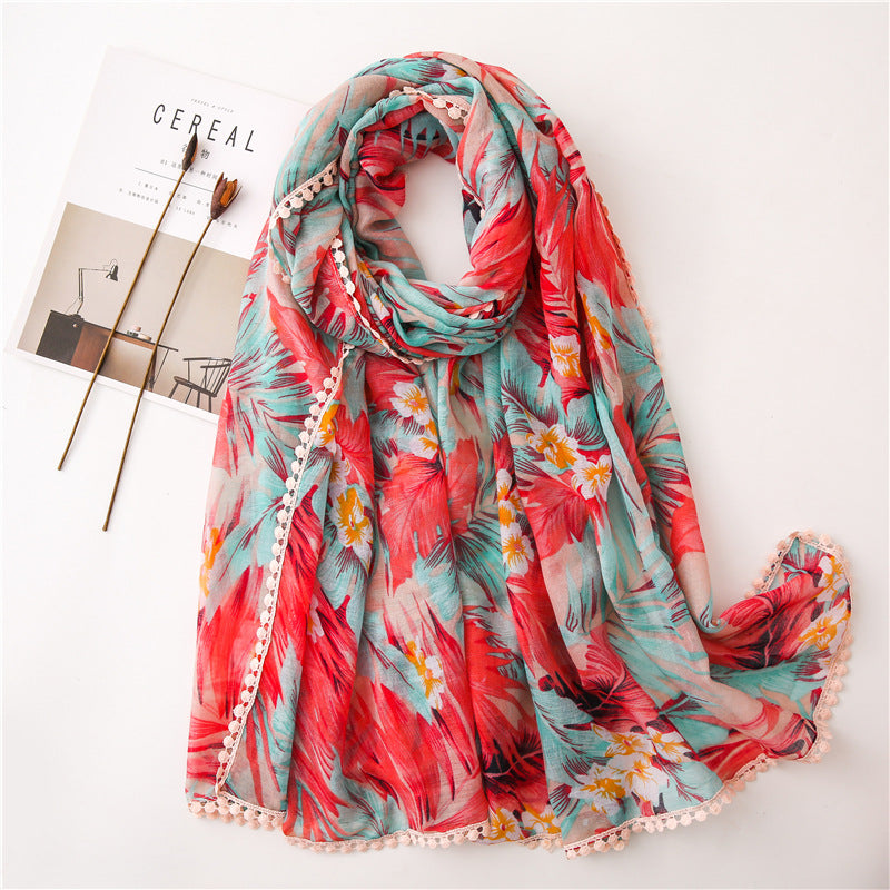 Tassel Printed Leaf Flowers Flamingo Scarf Ethnic Shawl for Women Ladies Girls