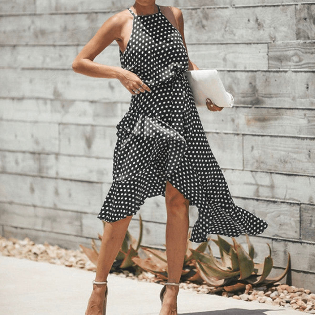 Polka Dot Print Lace-up Irregular Maxi Dress