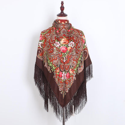 Ethnic Retro Flower Square Scarf Muslim Shawl Fringed Scarves for Women Ladies Girls