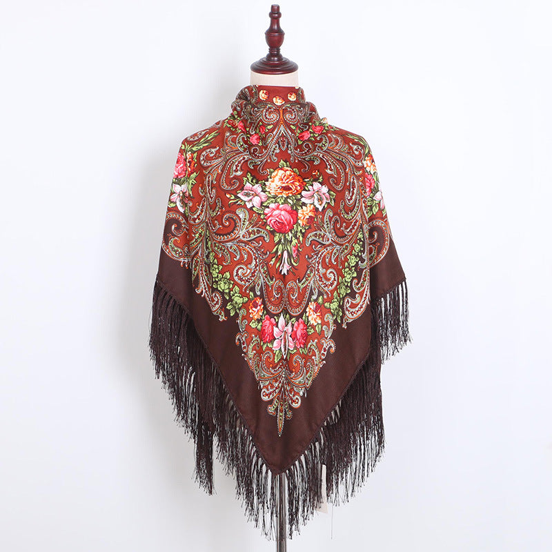 Ethnic Retro Flower Square Scarf Muslim Shawl Fringed Scarves for Women Ladies Girls