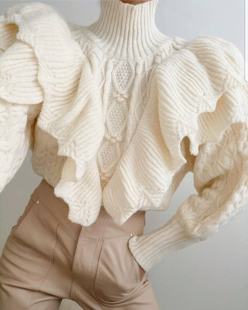 High Collar Ruffles Lantern Sleeves Knit Sweater