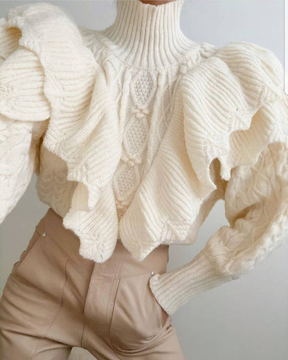 High Collar Ruffles Lantern Sleeves Knit Geometry Sweater