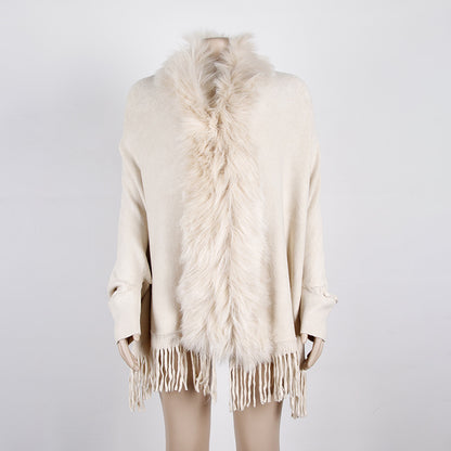 Tassel Fringed Cloak Shawl Fur Collar Sweater Cape Cardigans