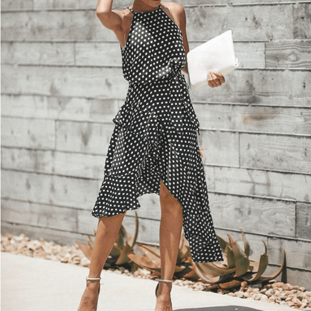 Polka Dot Print Lace-up Irregular Maxi Dress