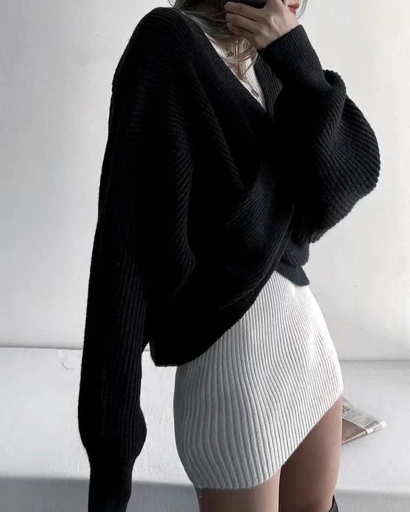 Vintage V-neck Batwing Sleeve Cross Design Knit Sweaters
