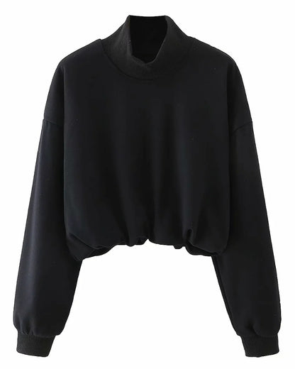 Half High Collar Elastic Waist Shirred Frill Sweatshirts