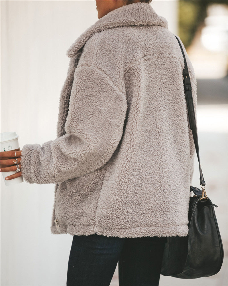 Women Pocket Zipper Plush Coat