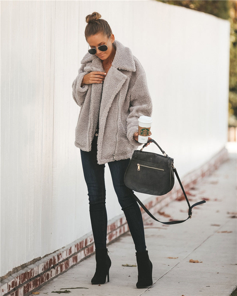 Women Pocket Zipper Plush Coat