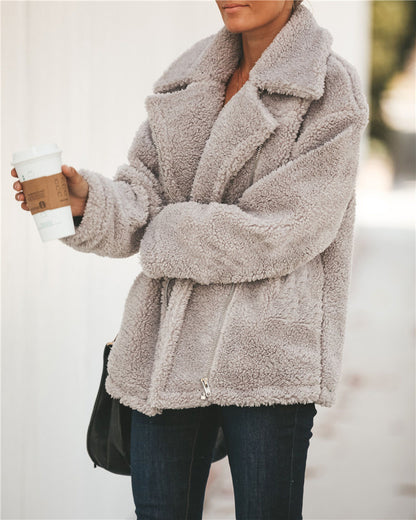 Women Pocket Zipper Plush Coat