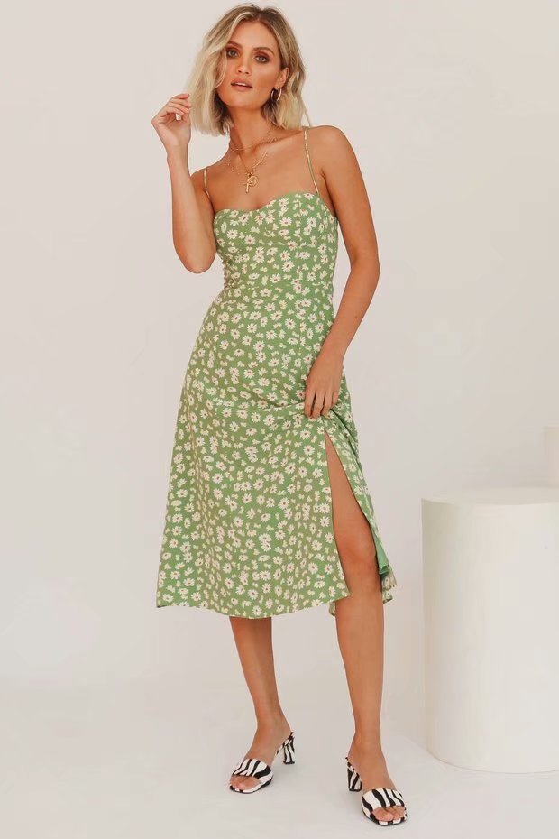 Sexy Suspenders Split Floral Daisy Midi Dresses