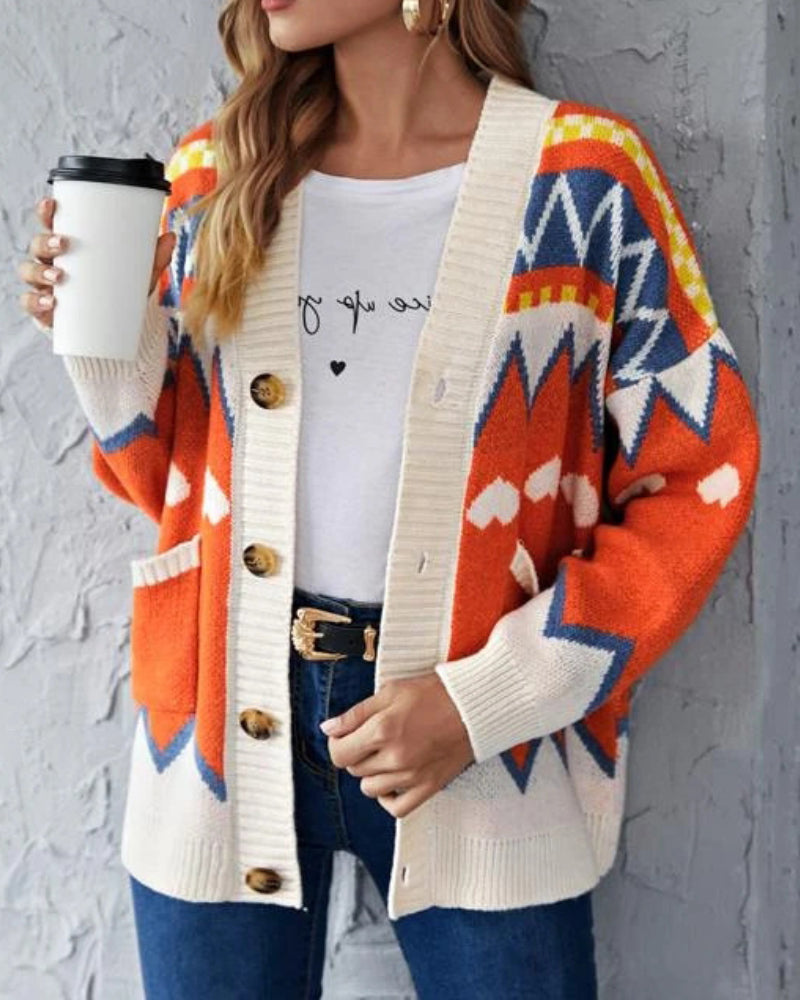Argyle Pattern Geometry Contrast Color Cardigan Knit Sweater Outerwear