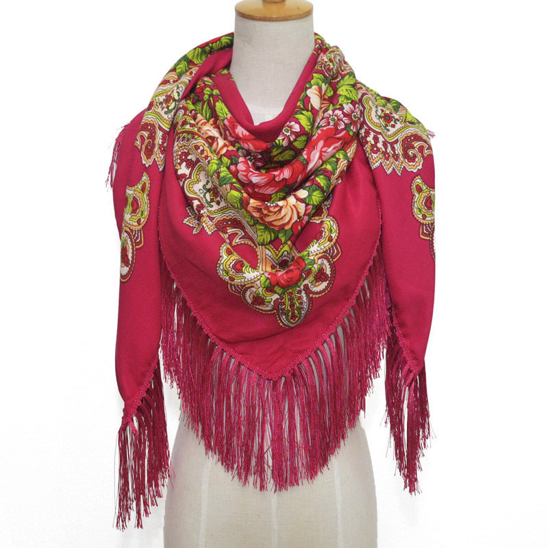 Ethnic Retro Flower Square Scarf Shawl Fringed Scarves for Women Ladies Girls