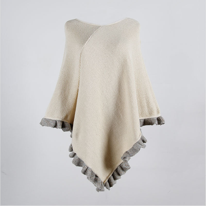 Ruffled Hem Crimped Collar Sweater Cloak Shawl Cape Cardigans
