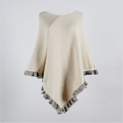 Ruffled Hem Crimped Collar Sweater Cloak Shawl Cape Cardigans