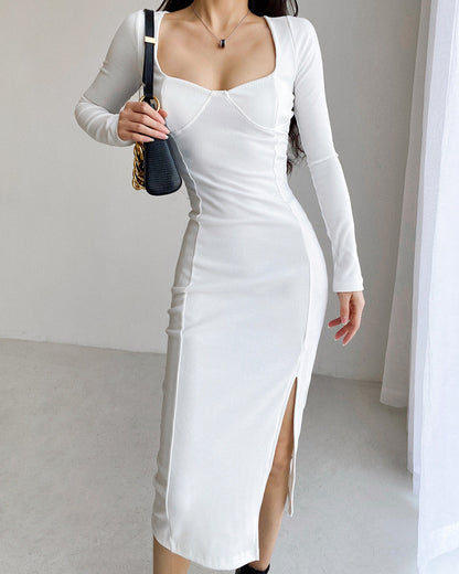 Vintage Square Collar Knit Sweater Midi Dresses
