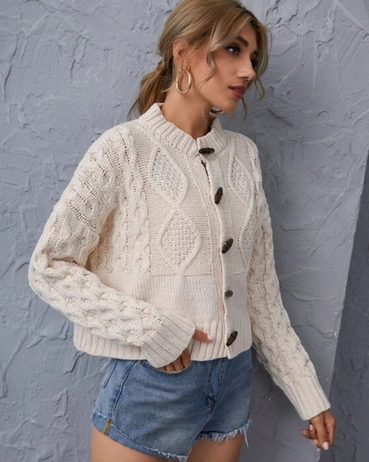 Single-breasted Argyle Pattern Knit Horn Button Cardigan Sweater