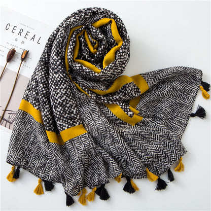 Tassel Grey Printed Cotton Scarf Shawl for Women Ladies Girls