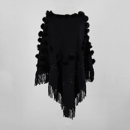 Tassel Fringed Pullover Bead Pompom Collar Sweater Cloak Shawl Cape
