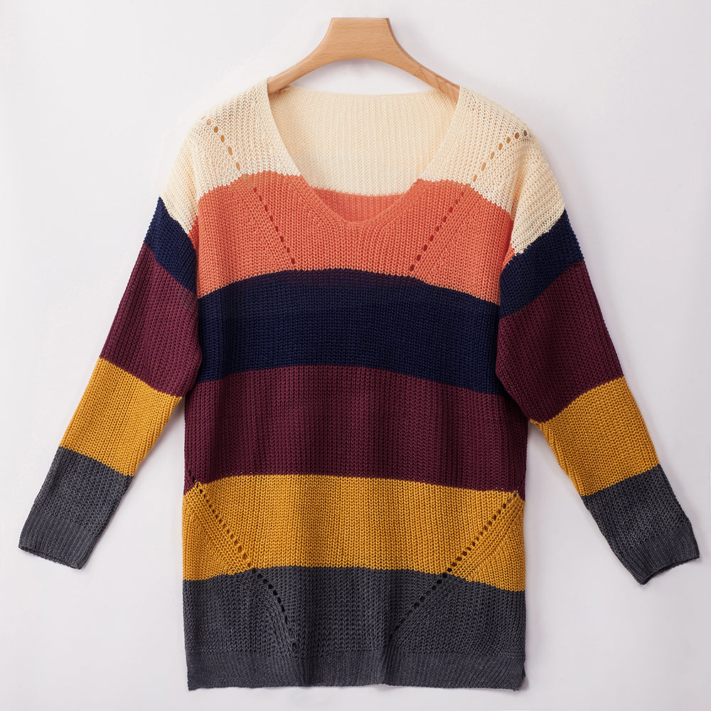 Women‘s Loose V-neck Rainbow Stripes Long Sweater