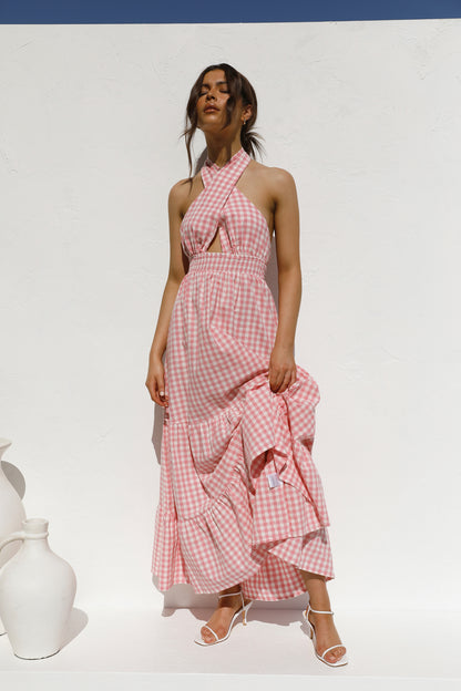 Pink Halter Backless Vacation Party Maxi Dresses