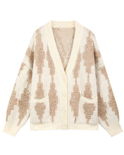 V-neck Single-breasted Contrast Color Argyle Pattern Cardigan Sweater