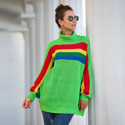Women‘s High Collar Rainbow Stripes Knit Long Sweater