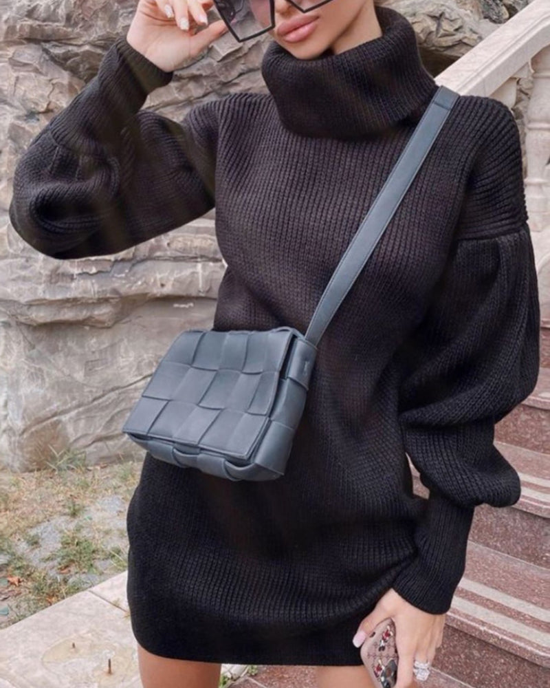 Knit Lantern Sleeve High Collar Sweater Mini Dresses
