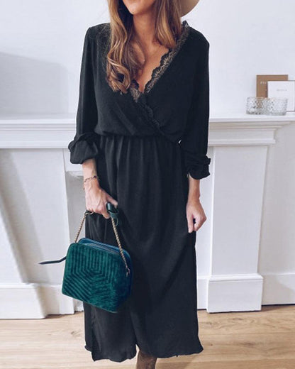 Black Lace V-neck Elegant Casual Midi Dresses