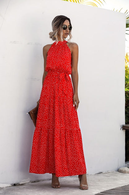 Orange Wave Bohemian Boho Printed Hanging Neck Straps Maxi Dresses