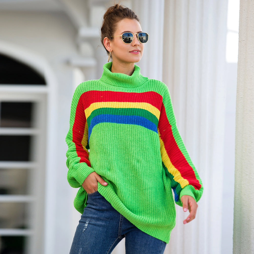 Women‘s High Collar Rainbow Stripes Knit Long Sweater